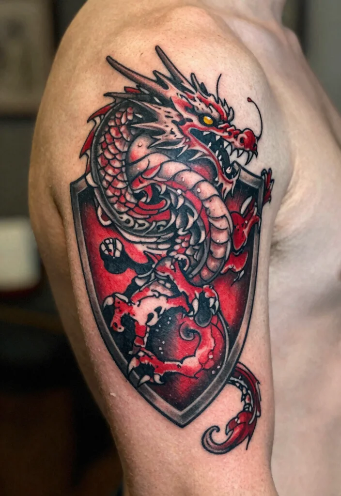18 Red and Black Dragon Tattoo Ideas With Fierce Contrast - 14. Dragon in a Shield 1