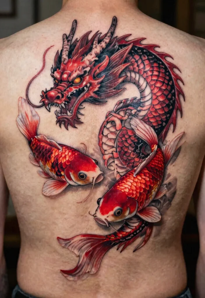 18 Red and Black Dragon Tattoo Ideas With Fierce Contrast - 15. Dragon with Koi Fish 1
