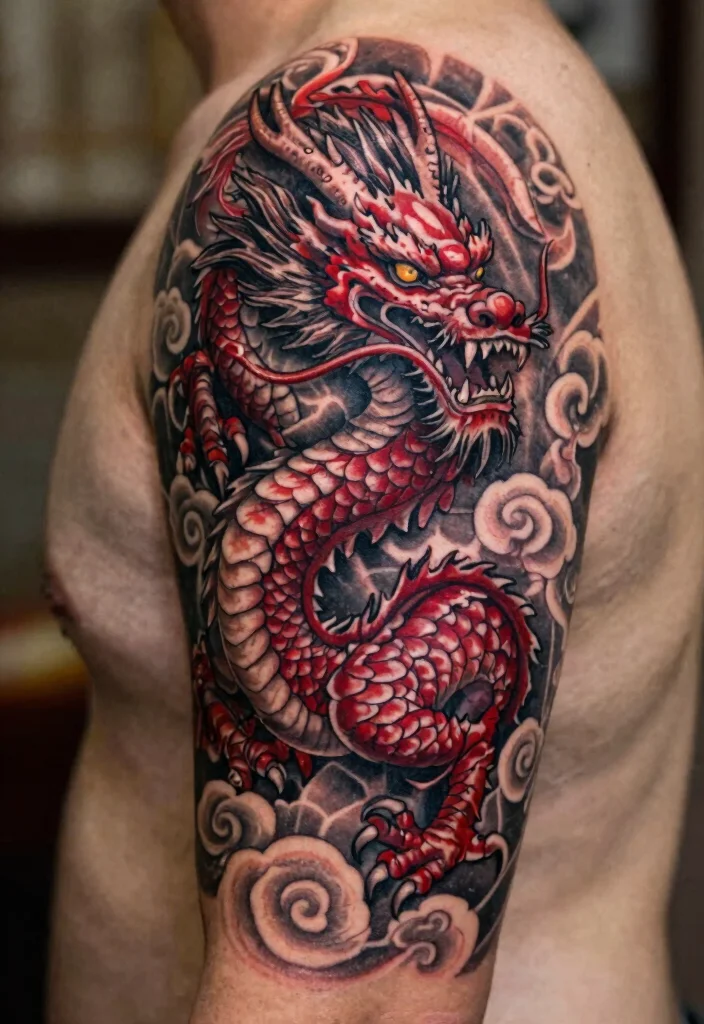 18 Red and Black Dragon Tattoo Ideas With Fierce Contrast - 17. Dragon with Clouds 1