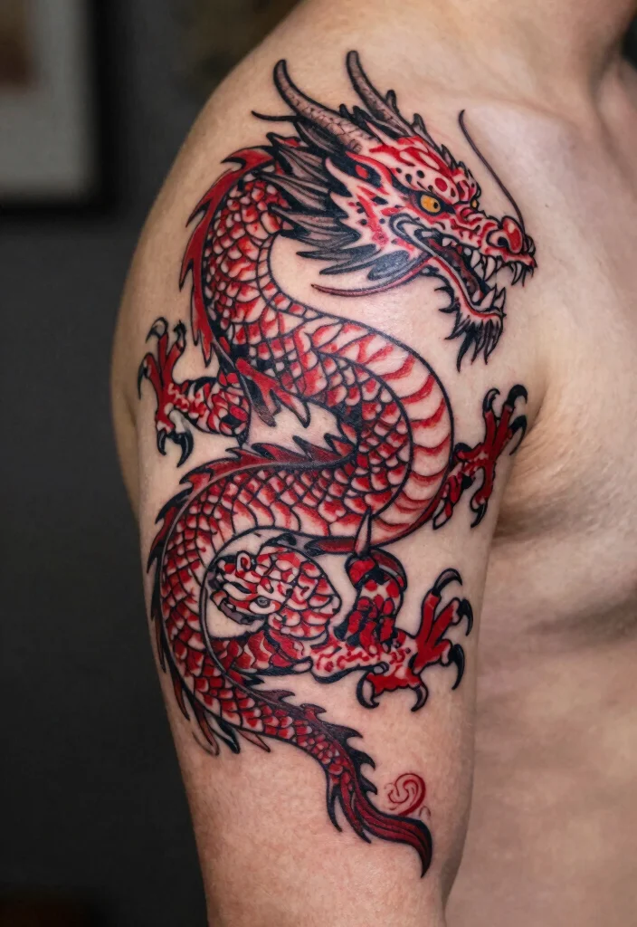 18 Red and Black Dragon Tattoo Ideas With Fierce Contrast - 18. Dragon with Artistic Patterns 1