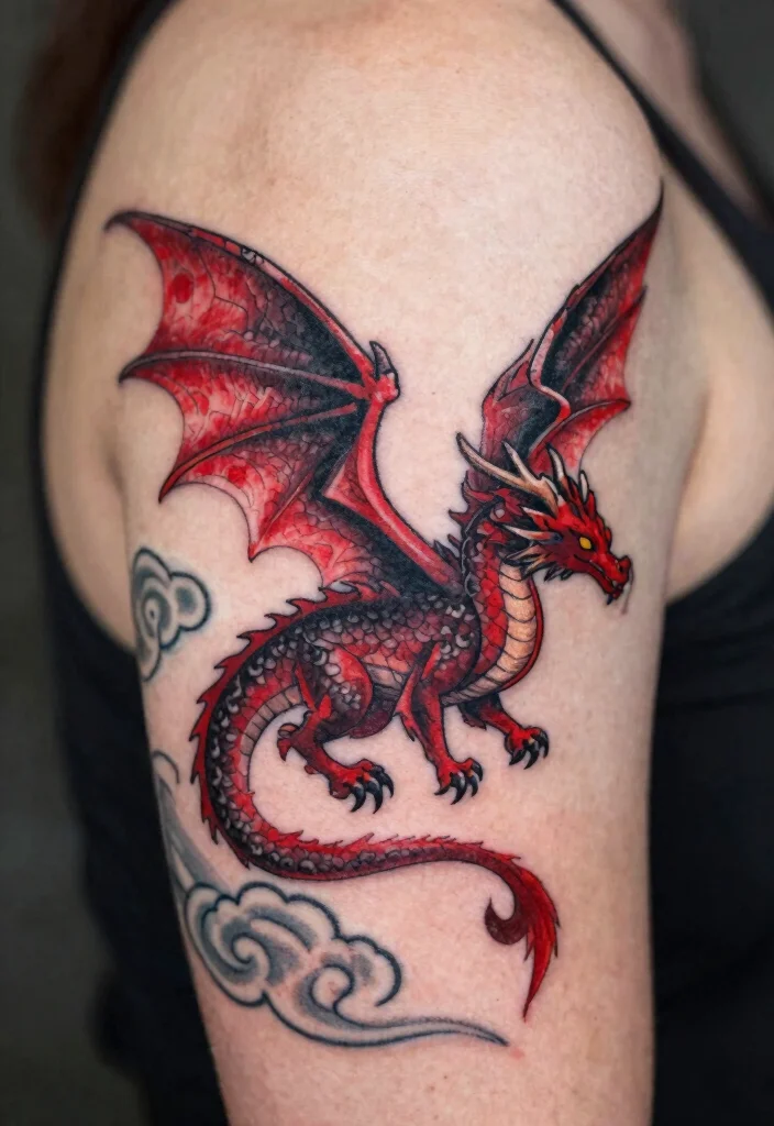 18 Red and Black Dragon Tattoo Ideas With Fierce Contrast - 3. Whimsical Dragon in Flight 1