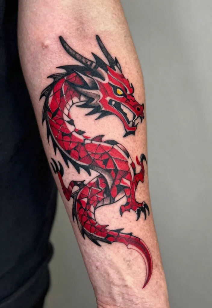 18 Red and Black Dragon Tattoo Ideas With Fierce Contrast - 4. Geometric Dragon Design 1