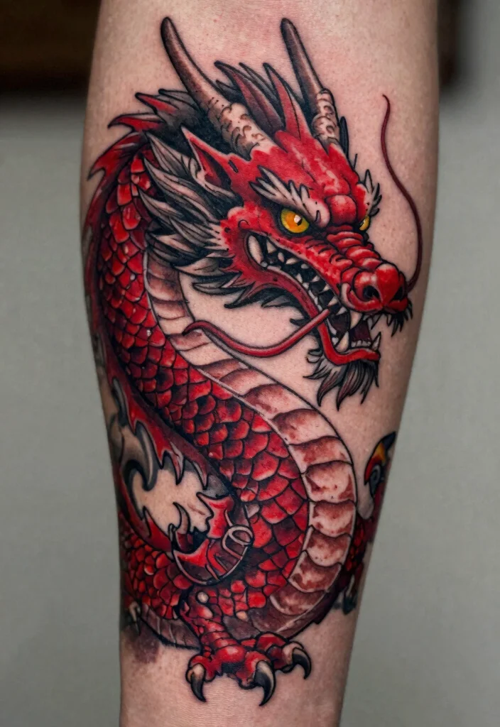 18 Red and Black Dragon Tattoo Ideas With Fierce Contrast - 5. Dragon Wrapped Around the Arm 1