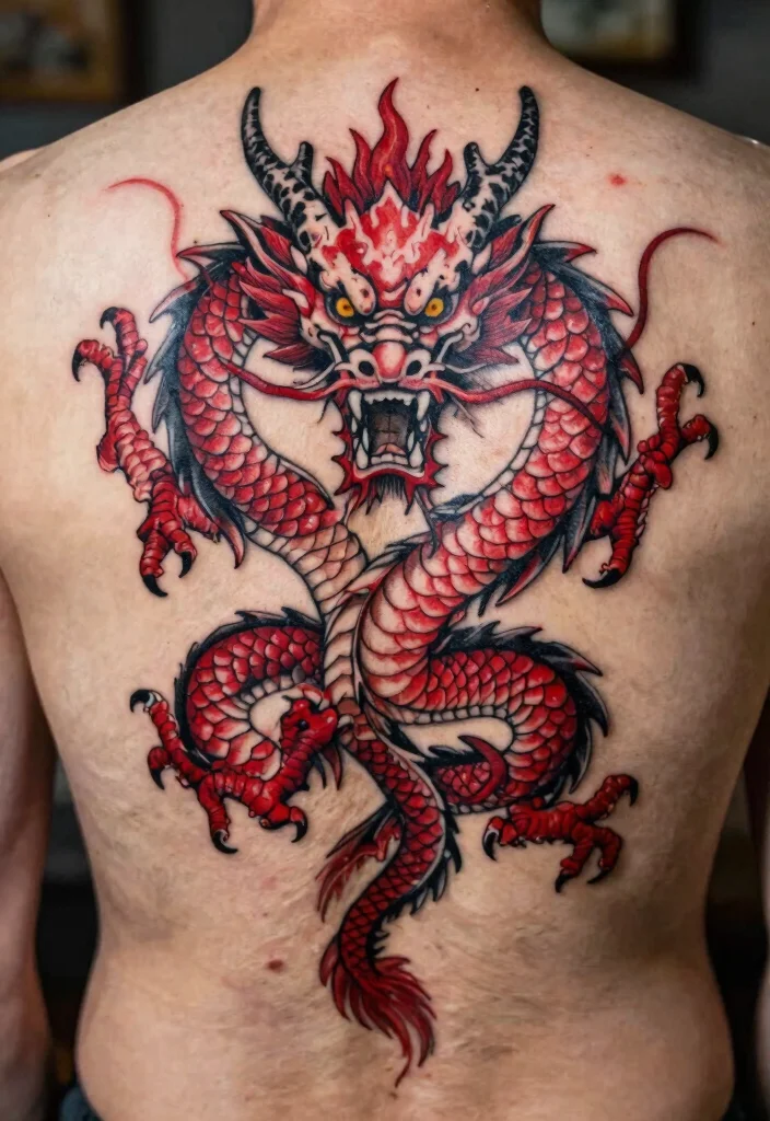 18 Red and Black Dragon Tattoo Ideas With Fierce Contrast - 6. Symmetrical Dragon Design 1