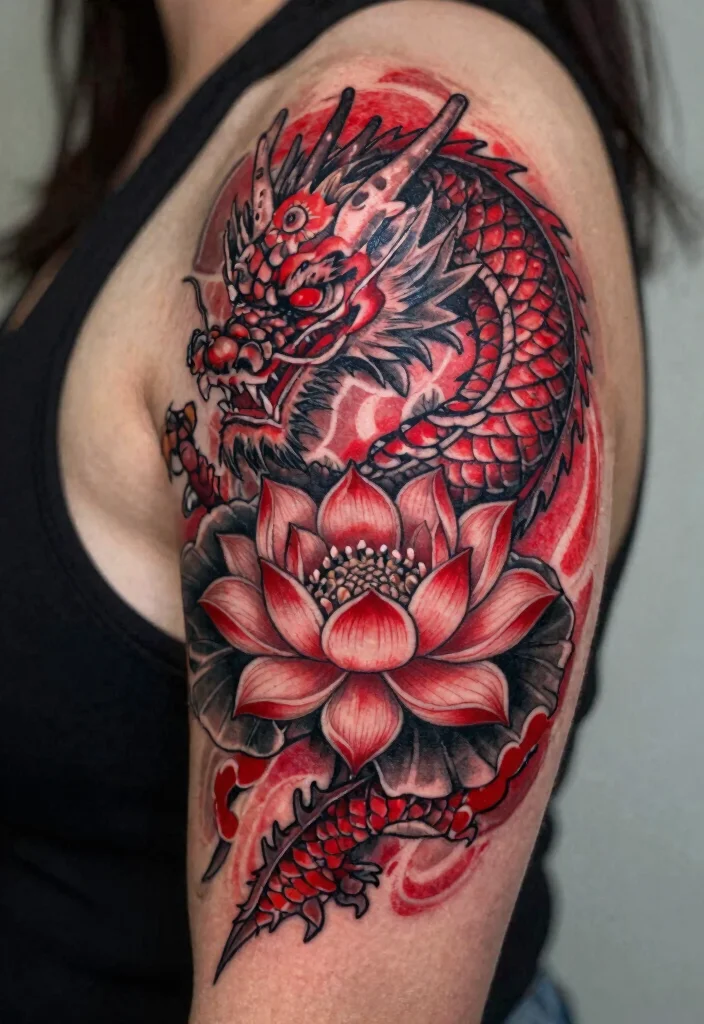 18 Red and Black Dragon Tattoo Ideas With Fierce Contrast - 7. Dragon with Lotus Flower 1