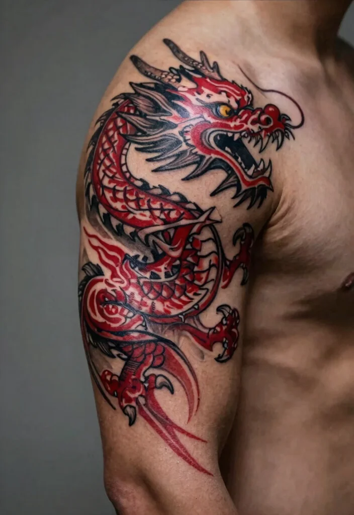 18 Red and Black Dragon Tattoo Ideas With Fierce Contrast - 8. Tribal Dragon Tattoo 1