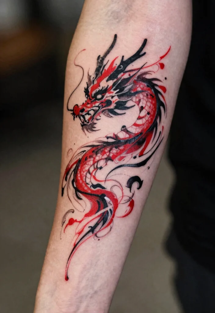 18 Red and Black Dragon Tattoo Ideas With Fierce Contrast - 9. Abstract Dragon Design 1