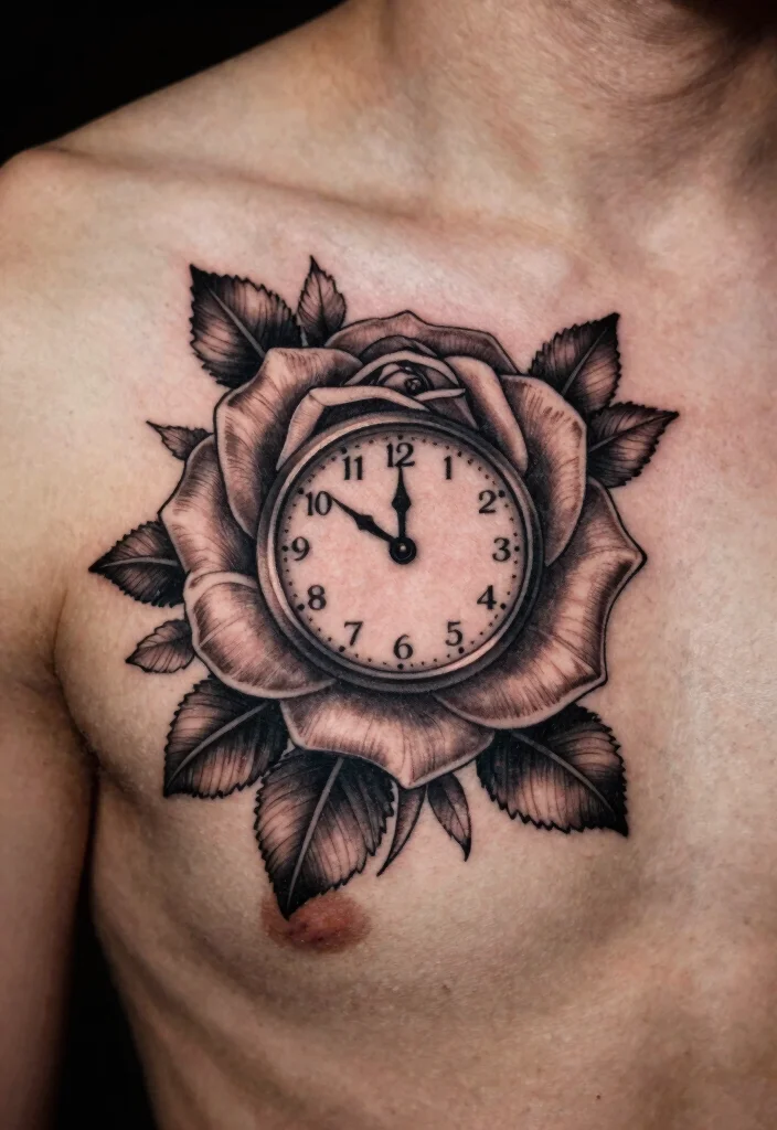 18 Rose Chest Tattoo Ideas With Bold Romance 41 18 Rose Chest Tattoo Ideas With Bold Romance - 11. Rose and Clock 1