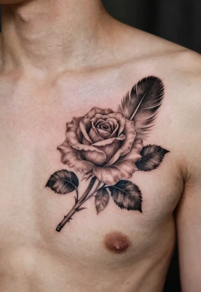 18 Rose Chest Tattoo Ideas With Bold Romance 42 18 Rose Chest Tattoo Ideas With Bold Romance - 12. Rose with Feather 1