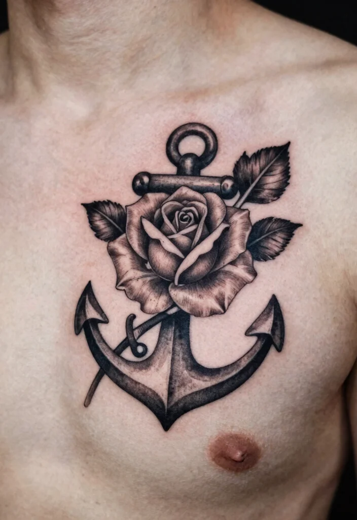 18 Rose Chest Tattoo Ideas With Bold Romance 43 18 Rose Chest Tattoo Ideas With Bold Romance - 13. Rose and Anchor 1