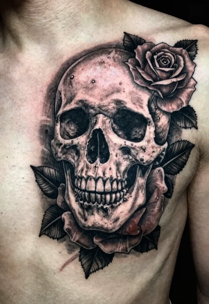 18 Rose Chest Tattoo Ideas With Bold Romance 54 18 Rose Chest Tattoo Ideas With Bold Romance - 14. Skull and Rose Combination 1
