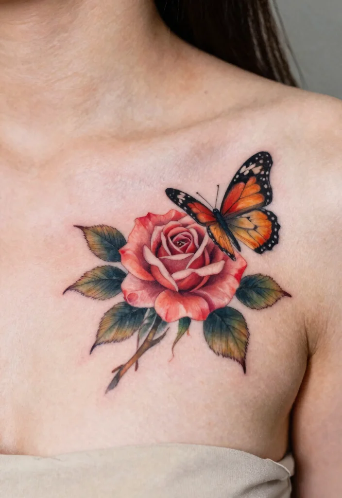 18 Rose Chest Tattoo Ideas With Bold Romance 55 18 Rose Chest Tattoo Ideas With Bold Romance - 15. Rose and Butterfly 1