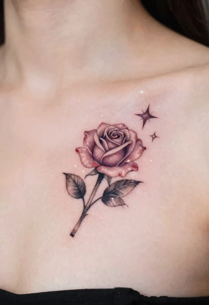 18 Rose Chest Tattoo Ideas With Bold Romance 56 18 Rose Chest Tattoo Ideas With Bold Romance - 16. Rose with Stars 1
