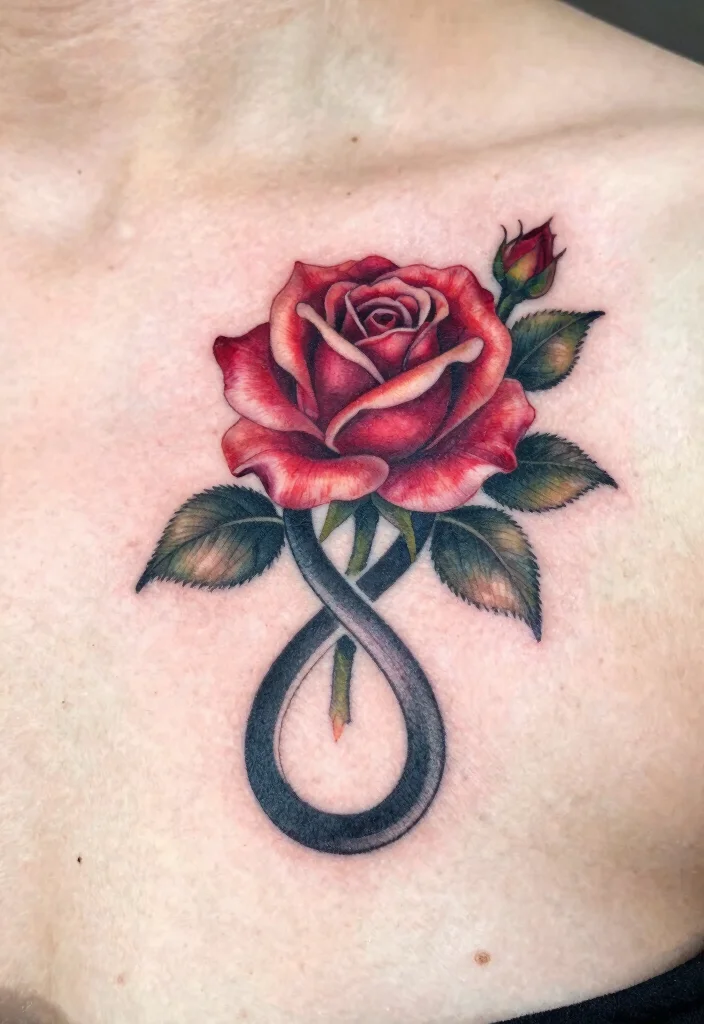 18 Rose Chest Tattoo Ideas With Bold Romance 34 18 Rose Chest Tattoo Ideas With Bold Romance - 4. Rose and Infinity Symbol 1