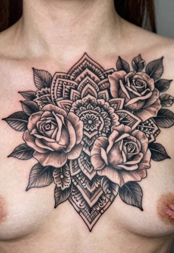18 Rose Chest Tattoo Ideas With Bold Romance 35 18 Rose Chest Tattoo Ideas With Bold Romance - 5. Floral Mandala Roses 1