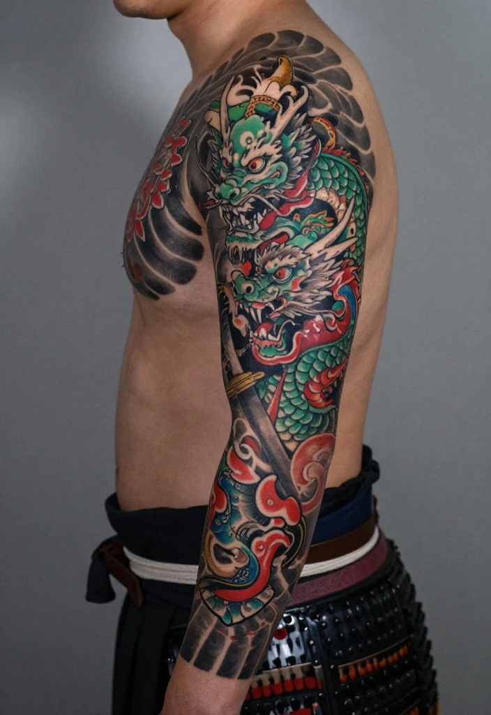 18 Samurai and Dragon Tattoo Ideas With Epic Intensity 1 18 Samurai and Dragon Tattoo Ideas With Epic Intensity - 1. Traditional Samurai with Dragon 1