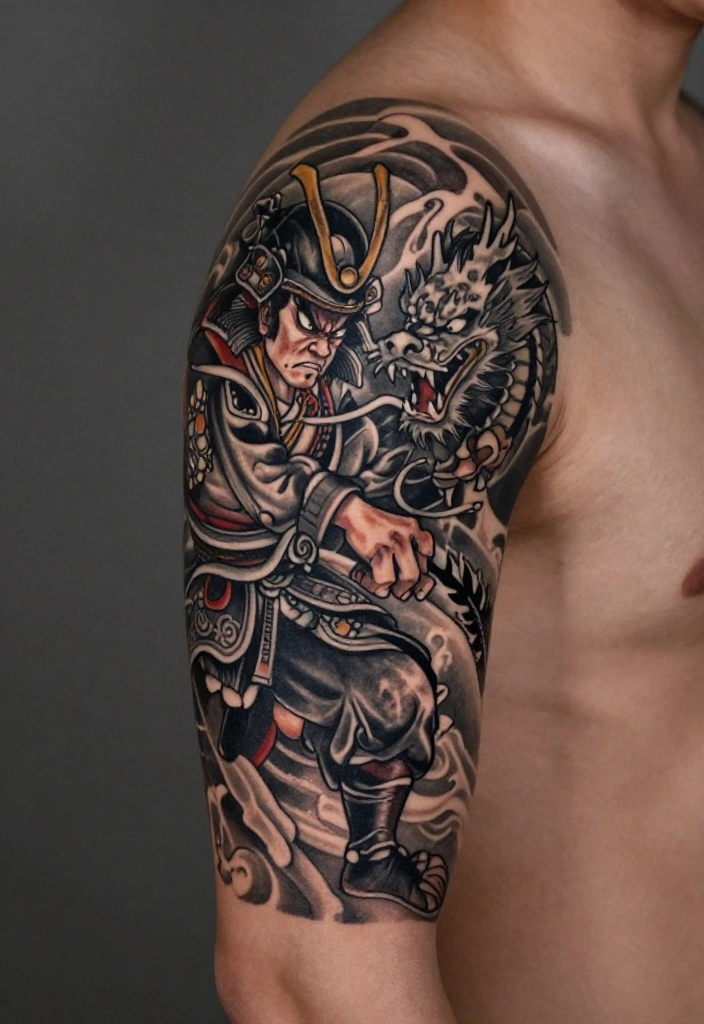 18 Samurai and Dragon Tattoo Ideas With Epic Intensity 41 18 Samurai and Dragon Tattoo Ideas With Epic Intensity - 11. The Enchanted Duel 1