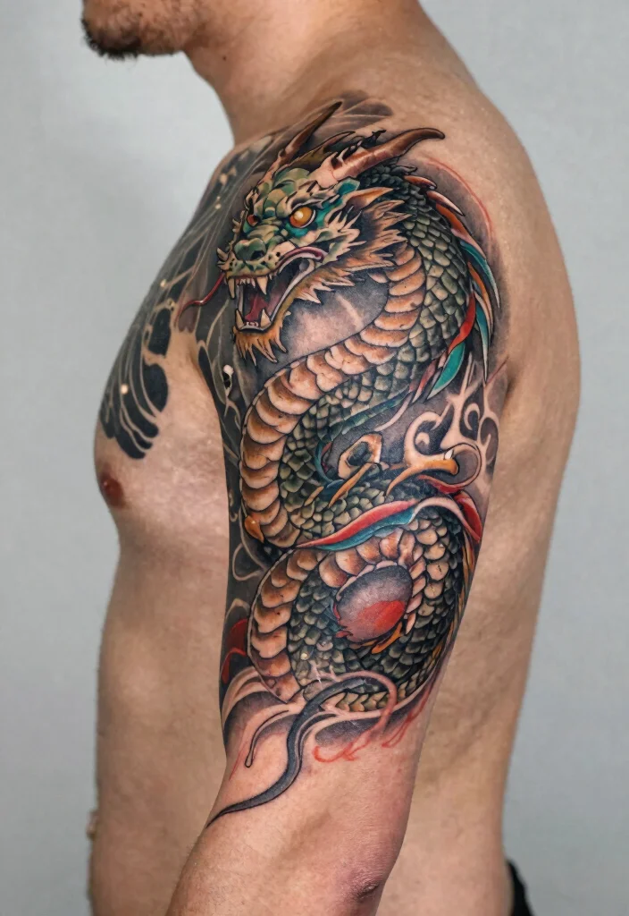 18 Samurai and Dragon Tattoo Ideas With Epic Intensity 42 18 Samurai and Dragon Tattoo Ideas With Epic Intensity - 12. Serpent's Dance 1
