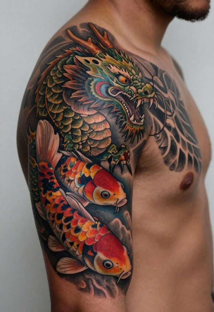 18 Samurai and Dragon Tattoo Ideas With Epic Intensity 53 18 Samurai and Dragon Tattoo Ideas With Epic Intensity - 13. Koi Dragon Fusion 1