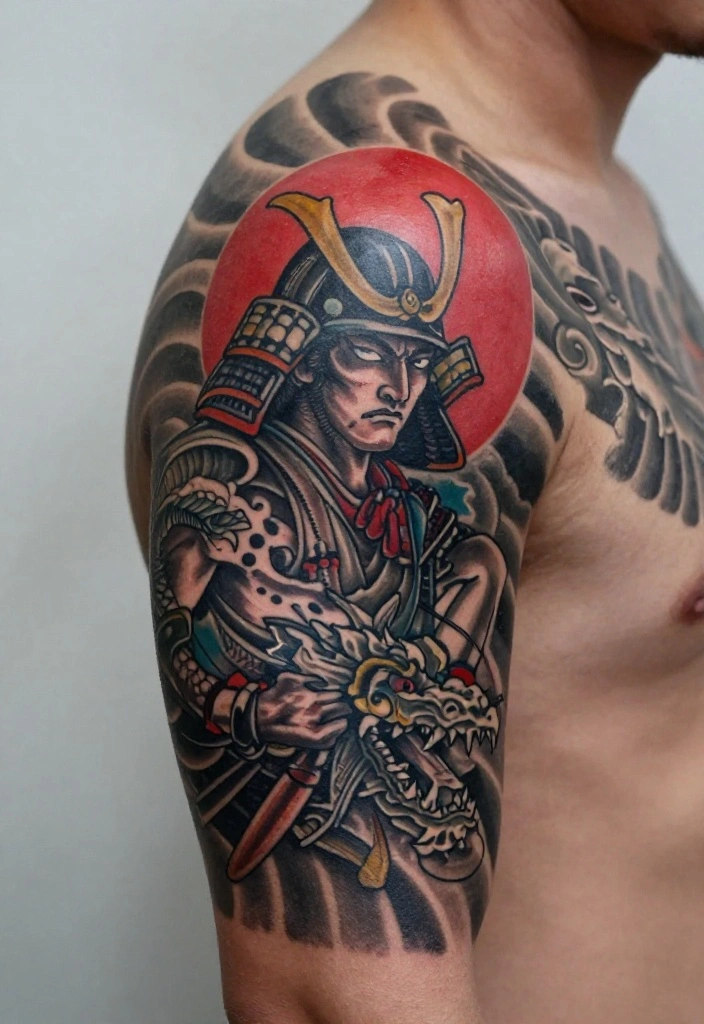 18 Samurai and Dragon Tattoo Ideas With Epic Intensity 54 18 Samurai and Dragon Tattoo Ideas With Epic Intensity - 14. The Rising Sun 1
