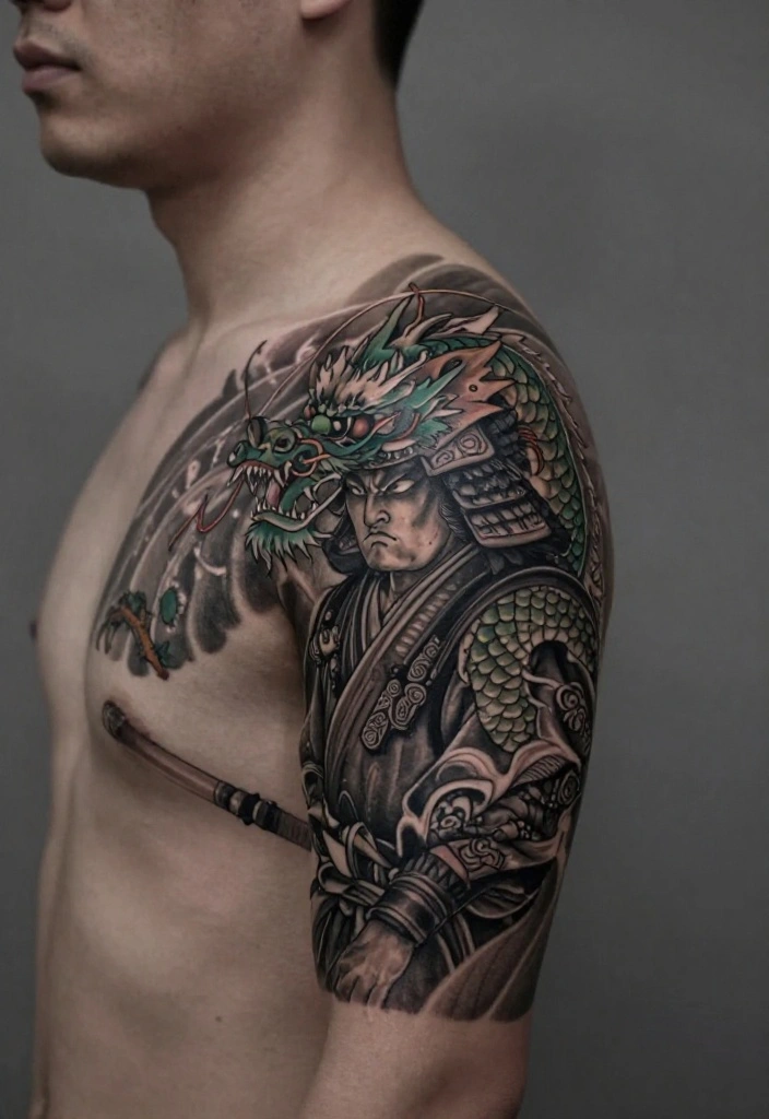 18 Samurai and Dragon Tattoo Ideas With Epic Intensity 56 18 Samurai and Dragon Tattoo Ideas With Epic Intensity - 16. The Shadowed Protector 1