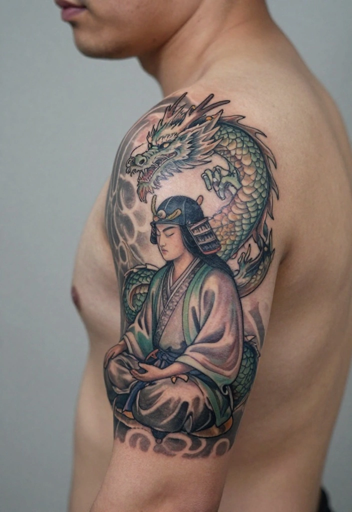 18 Samurai and Dragon Tattoo Ideas With Epic Intensity 23 18 Samurai and Dragon Tattoo Ideas With Epic Intensity - 3. Mythical Harmony 1