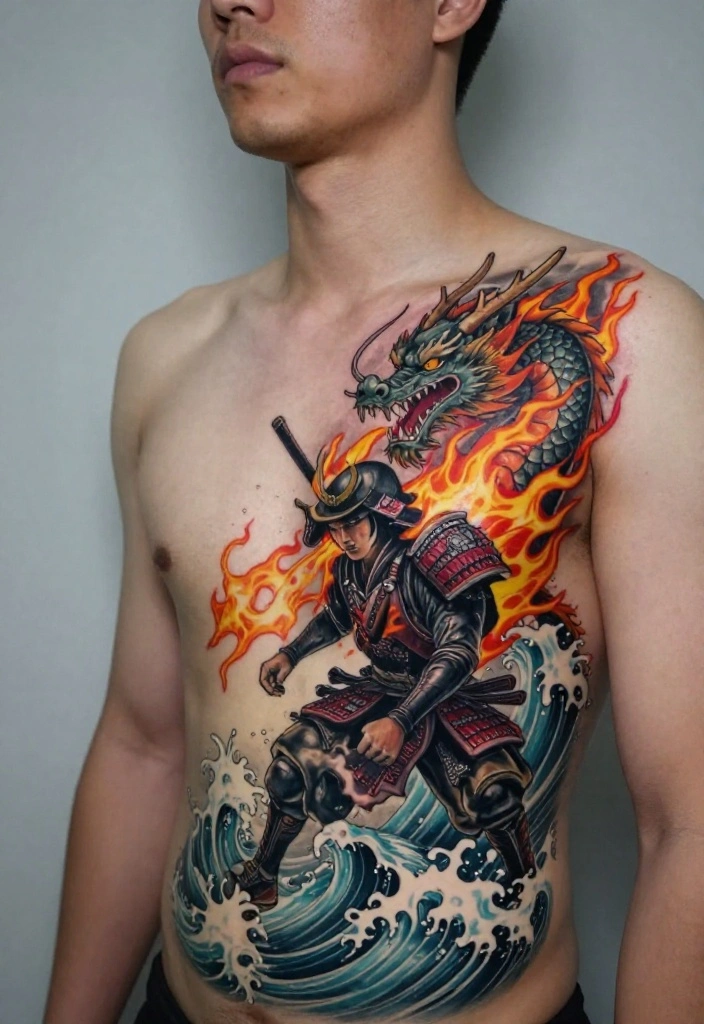 18 Samurai and Dragon Tattoo Ideas With Epic Intensity 35 18 Samurai and Dragon Tattoo Ideas With Epic Intensity - 5. Elemental Clash 1