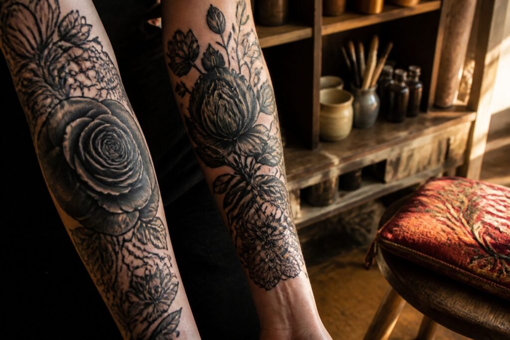 Various dark floral tattoos including black roses and peonies.