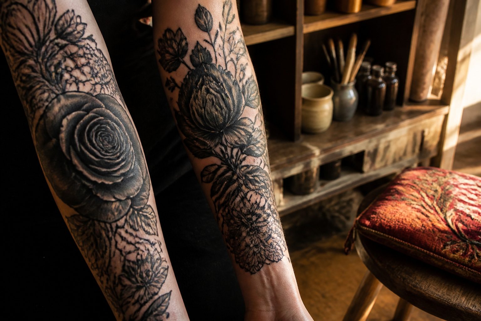 Various dark floral tattoos including black roses and peonies.