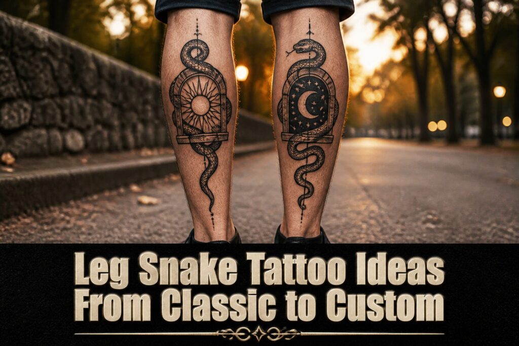 A snake tattoo wrapped around a leg, showcasing intricate scales and design.
