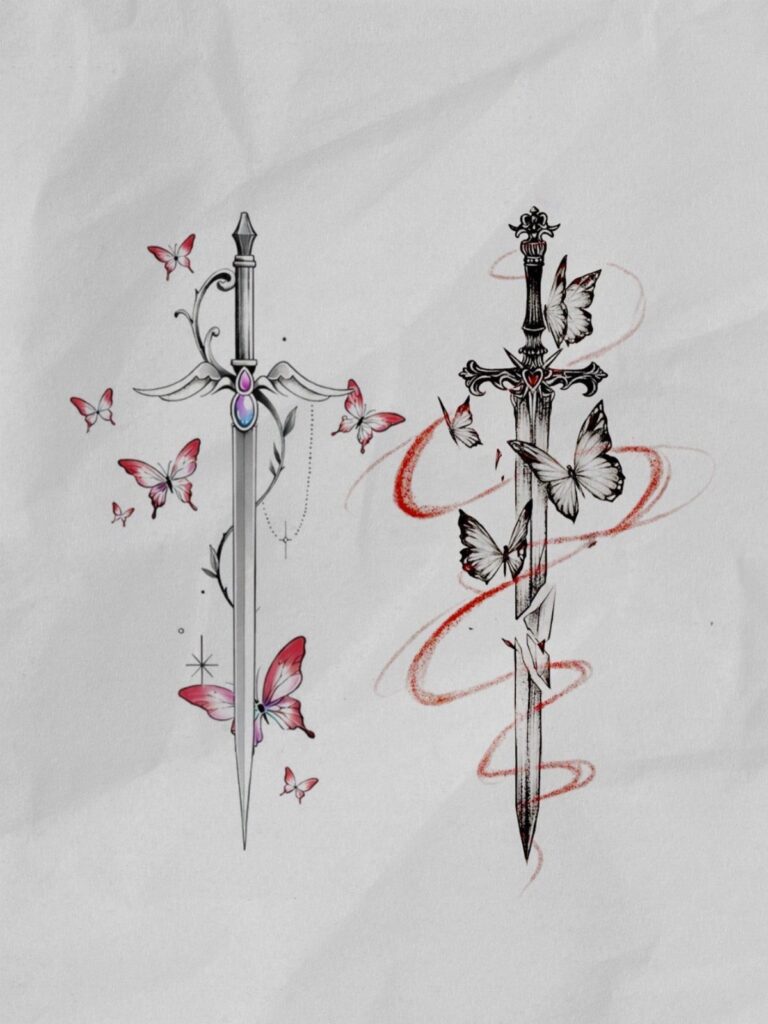Two vertical sword tattoo designs decorated with butterflies and swirling lines on textured paper.
