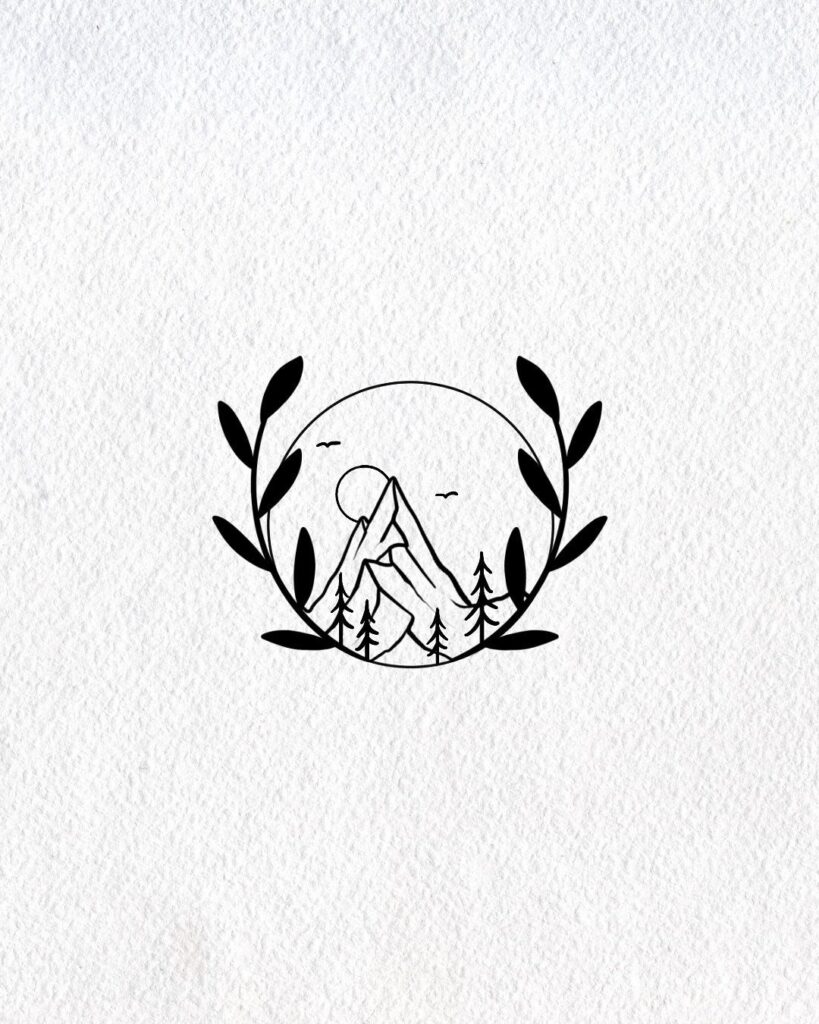 A minimalist black ink line drawing of mountains, trees, and birds within a circular frame.