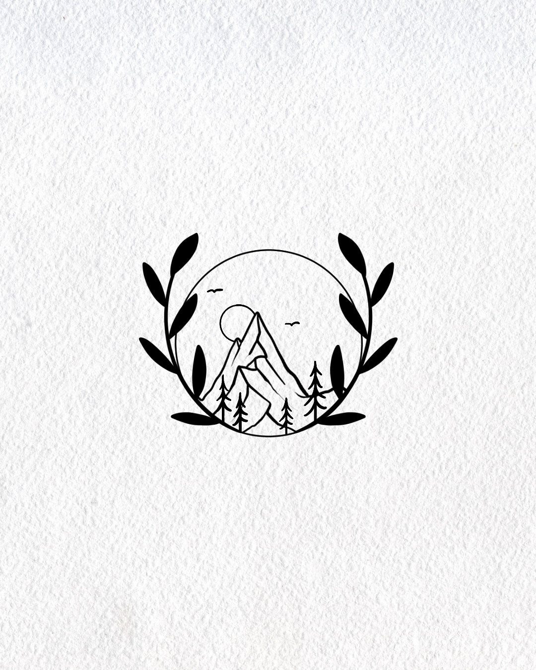 A minimalist black ink line drawing of mountains, trees, and birds within a circular frame.