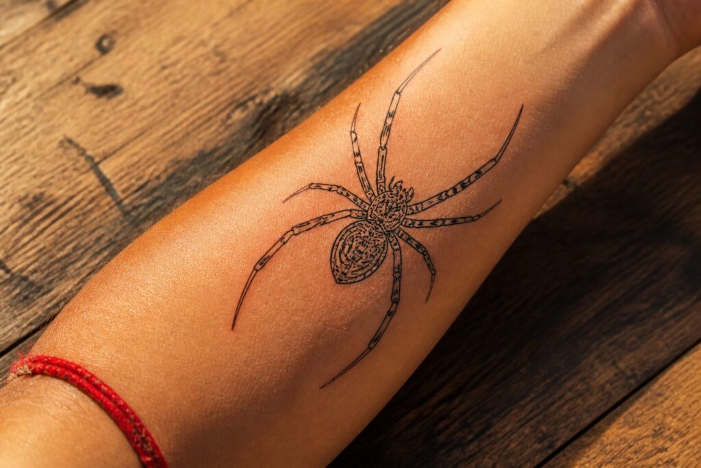 Traditional spider tattoo stencil applied to a forearm.