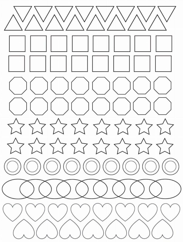 Black outline geometric shapes including triangles, squares, stars, and hearts arranged in rows on white.