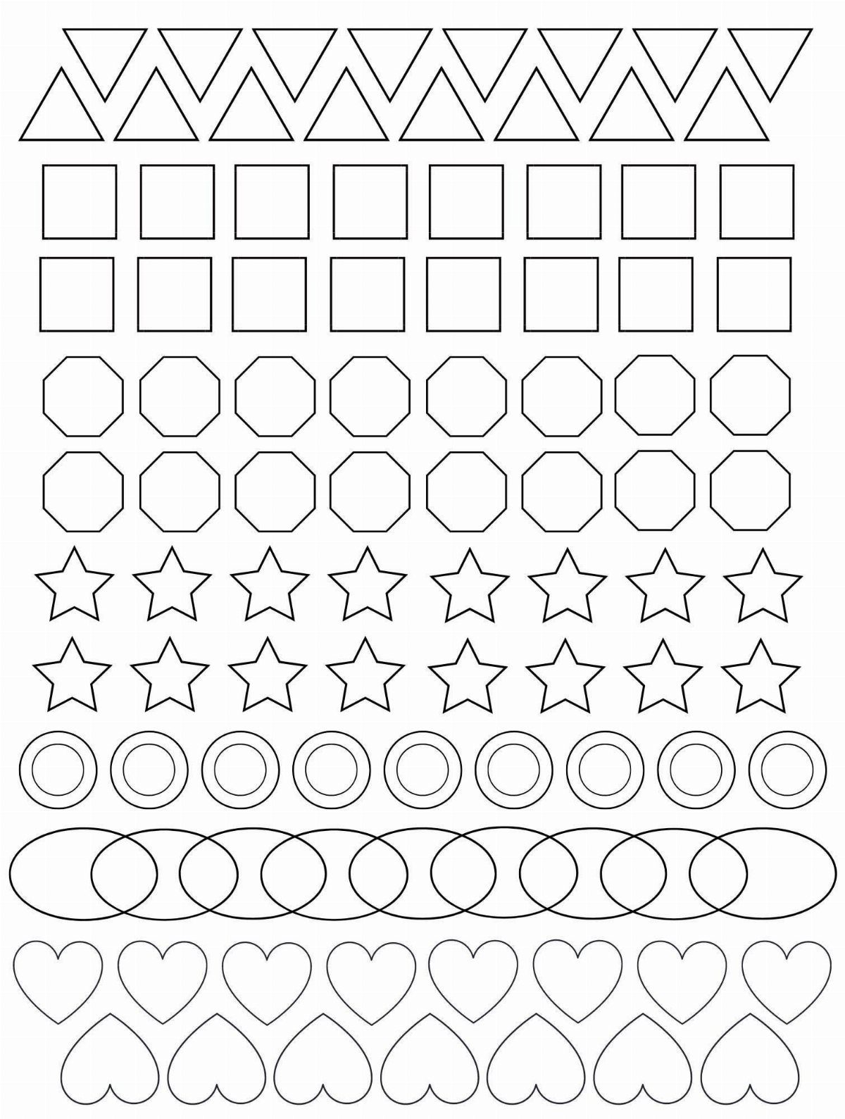 Black outline geometric shapes including triangles, squares, stars, and hearts arranged in rows on white.