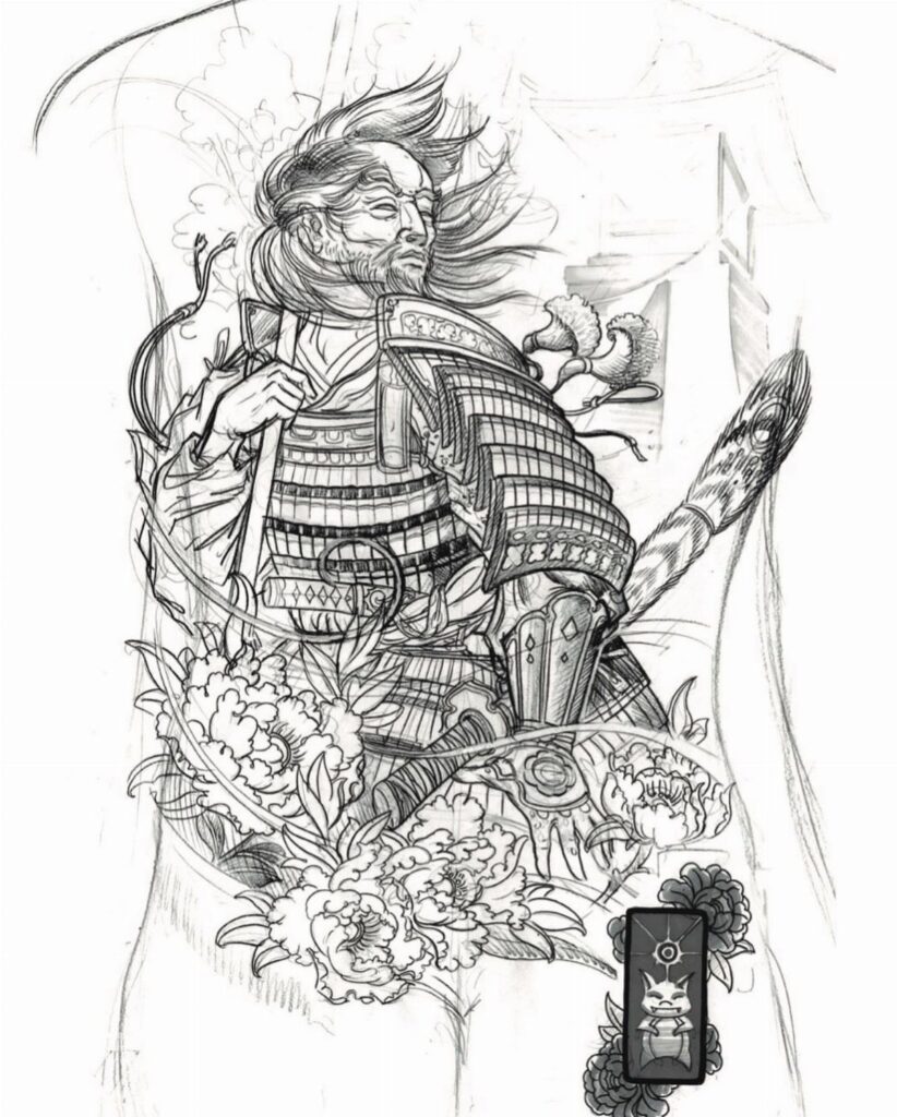 Black and white line art sketch of a samurai in armor surrounded by large peony flowers.