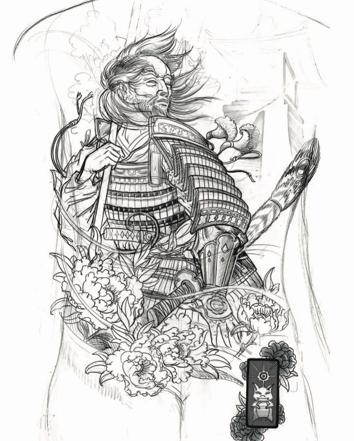 Black and white line art sketch of a samurai in armor surrounded by large peony flowers.