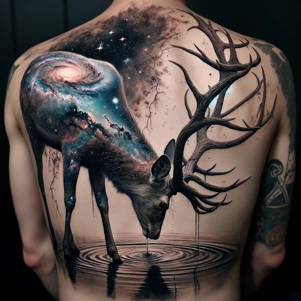 A large back tattoo of a deer with a galaxy pattern inside its body.